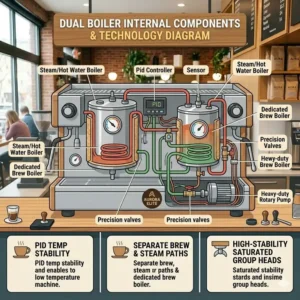 Internal technical diagram of the dual boiler system used by professional commercial espresso machine brands.