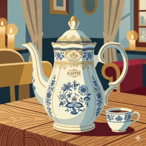 Illustration 2: A sleek mid-century modern illustration of a ceramic german coffee pot in a minimalist room.