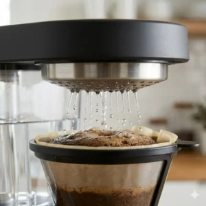 Close-up of the stainless steel showerhead featured in our ratio six coffee maker review.