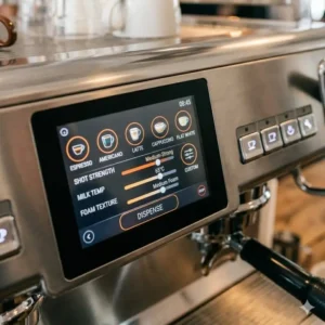 Close-up of the digital interface and menu settings on the best commercial automatic espresso machine.