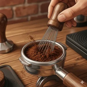 Illustration 2: Using a WDT distribution tool from the list of best espresso accessories to improve coffee grounds consistency.