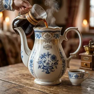 Illustration 3: Hot coffee being poured into a traditional tall german coffee pot during the brewing process.