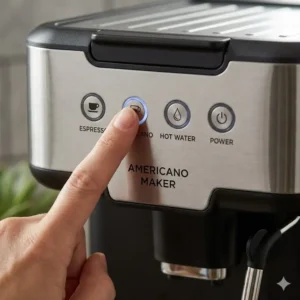 lose-up of the intuitive control panel buttons on a home americano coffee maker.
