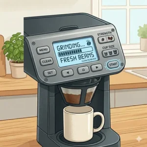 Illustration 3: The digital interface and strength settings of a single serve grind and brew coffee maker.