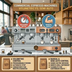 A visual guide comparing volumetric and manual brewing controls on modern commercial espresso machine brands.