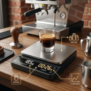 Illustration 3: A digital coffee scale with a timer showing why it is among the best espresso accessories for brewing.