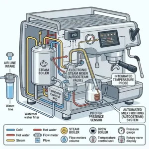 Technical drawing of the automated milk steaming and frothing system in the best commercial automatic espresso machine.