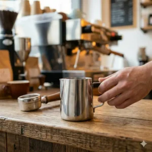 A professional milk frothing pitcher that comes with the espresso machine accessory kit.