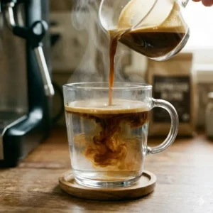 Adding a fresh double shot of espresso into hot water to complete the espresso machine americano.