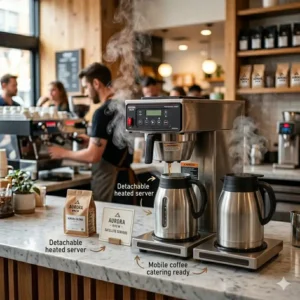 A satellite system best commercial coffee brewer with a detachable heated server for mobile catering.