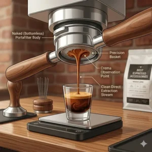 Illustration 4: A bottomless portafilter displaying a perfect extraction, a favorite in the best espresso accessories category.