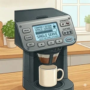 Illustration 4: A space-saving single serve grind and brew machine fitting perfectly in a small kitchen area.