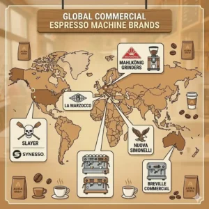 Infographic map highlighting the headquarters and origin countries of famous commercial espresso machine brands
