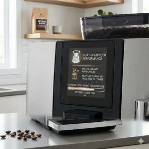 Interior view of the high-quality coffee bean grinder inside the best automatic cappuccino machine.