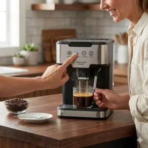 A person using an americano coffee maker to prepare a morning drink at a wooden kitchen counter.