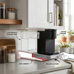 A rolling sliding tray used to easily move a short coffee maker for low cabinets.