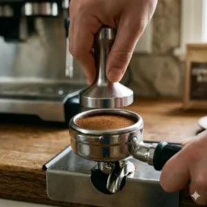 Using a metal tamper to press coffee grounds firmly for a perfect espresso machine americano.