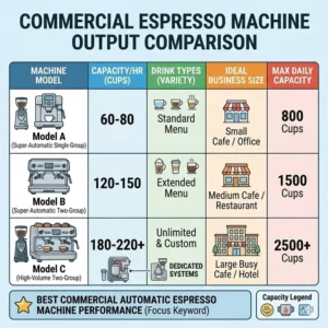 Comparison chart displaying the daily cup output of the best commercial automatic espresso machine models.