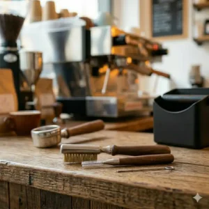 Specialized cleaning brushes for group head maintenance in an espresso machine accessory kit