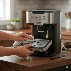 A user removing the drip tray for cleaning and maintenance of an americano coffee maker.