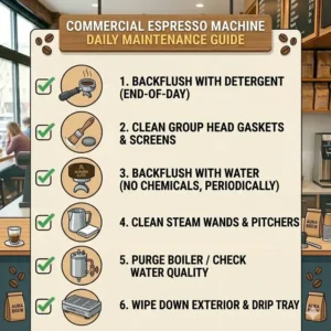 A daily maintenance and cleaning checklist essential for all high-quality commercial espresso machine brands.