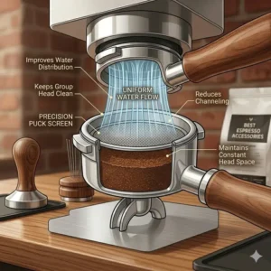 Illustration 5: An infographic of a precision puck screen, an essential part of the best espresso accessories for water distribution.