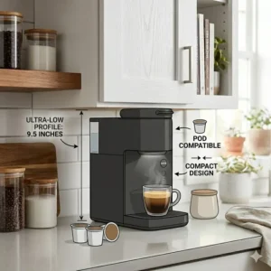 Compact pod-based design of a short coffee maker for low cabinets in a small kitchen.