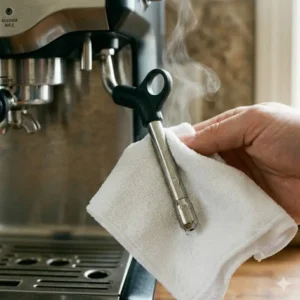 A person using a clean white cloth to wipe the steam wand of an espresso machine americano.