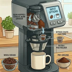 Illustration 6: Graphic comparing whole beans and pre-ground options for a single serve grind and brew.