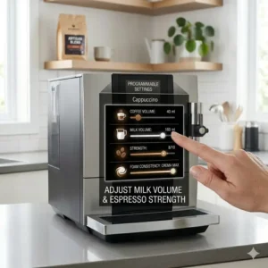Adjusting the milk volume and coffee strength on the best automatic cappuccino machine display.