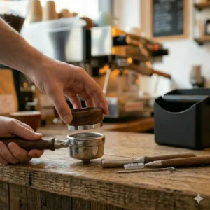 A magnetic dosing funnel on a portafilter from the espresso machine accessory kit.