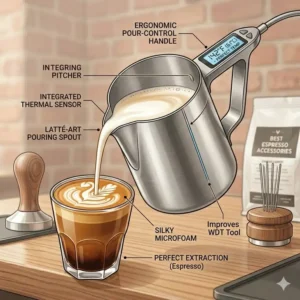 Illustration 6: A professional milk frothing pitcher designed for latte art, featured as one of the best espresso accessories.