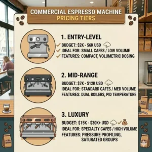 A pricing tier breakdown from entry-level to luxury categories for various commercial espresso machine brands.