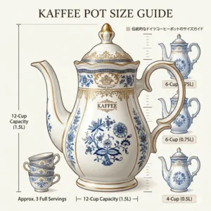 Illustration 6: A size comparison guide showing different capacities and volumes for a german coffee pot.