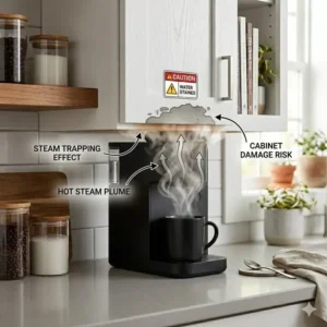 Illustration of steam protection and clearance for a short coffee maker for low cabinets.