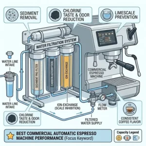 Schematic of the external water filtration system connected to the best commercial automatic espresso machine.