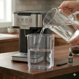 Large capacity removable water tank being filled for a high-volume americano coffee maker.