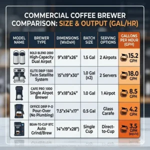 A detailed comparison chart showcasing output and features of the best commercial coffee brewer models.