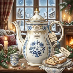 Illustration 7: A festive winter scene featuring a german coffee pot next to a traditional stollen cake.