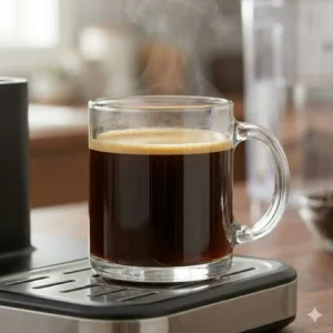 A steaming glass of Americano coffee sitting on the tray of a bean-to-cup americano coffee maker.