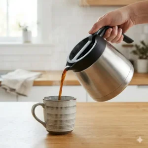 Pouring a perfect cup of coffee to conclude the ratio six coffee maker review.