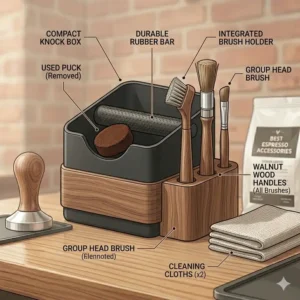 Illustration 7: A compact knock box and cleaning brushes representing the maintenance side of the best espresso accessories.