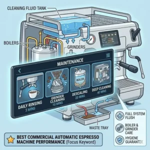 Infographic explaining the automated self-cleaning cycle of the best commercial automatic espresso machine.