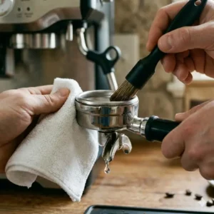 Using a small brush and cloth for the daily maintenance and cleaning of an espresso machine americano.