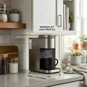 Modern minimalist aesthetic and small footprint of a short coffee maker for low cabinets.