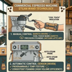 Detailed illustration of advanced steam wand and auto-frothing technology in premium commercial espresso machine brands.