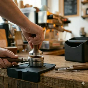 A heavy-duty silicone tamping mat as part of the espresso machine accessory kit.