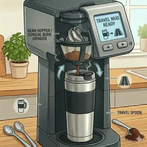 Illustration 7: A tall stainless steel travel mug placed under the dispenser of a single serve grind and brew.