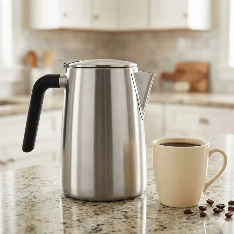 A modern stainless steel coffee pot 6 cup sitting on a kitchen counter with a fresh mug of coffee.
