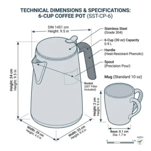 Technical diagram showing the height and width specifications of a standard coffee pot 6 cup.